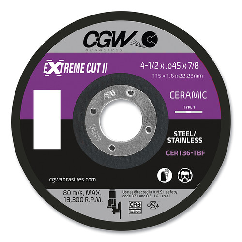 CGW Abrasive 54280 Extreme Cut Type 1 Ceramic Cutting Wheel | 4-1/2" x .045" x 7/8" Size | 36 Grit | Sold by Box of 25