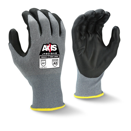 Radians RWG561XS AXIS A2 Cut Protection Work Gloves | Black Polyurethane Palm | Gray | X-Small Size | Case of 10 Boxes of 12 Pairs in Each Box