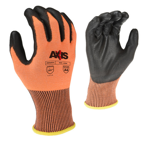 Radians RWG557S AXIS A4 Cut Protection Work Gloves | Black Polyurethane Palm | Hi-Vis Orange | Small Size | Case of 10 Boxes of 12 Pairs in Each Box