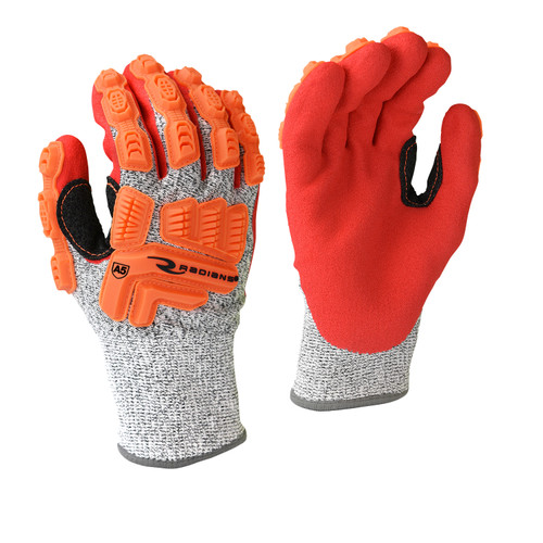 Radians RWG603RS A5 Cut Protection Work Gloves | Sandy Foam Nitrile Palm | Gray/Red/Orange | Small Size | Case of 6 Boxes of 12 Pairs in Each Box