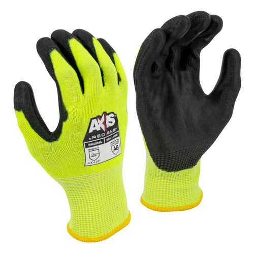 Radians RWG558XS AXIS A8 Cut Protection Work Gloves | Black Polyurethane Palm | Hi-Vis Lime | X-Small Size | Case of 10 Boxes of 12 Pairs in Each Box