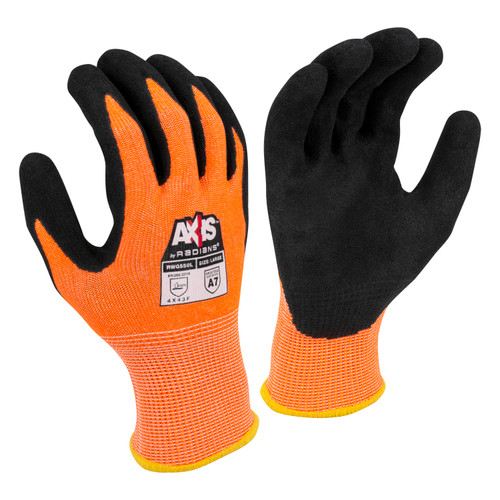 Radians RWG559XS AXIS A7 Cut Protection Work Gloves | Black Sandy Nitrile Palm | Hi-Vis Orange | X-Small Size | Case of 10 Boxes of 12 Pairs in Each Box