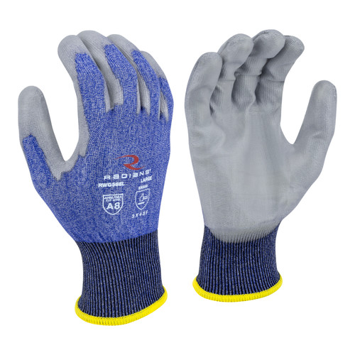 Radians RWG588L A8 Cut Protection Work Gloves | Polyurethane Palm | Blue | Large Size | Case of 10 Boxes of 12 Pairs in Each Box