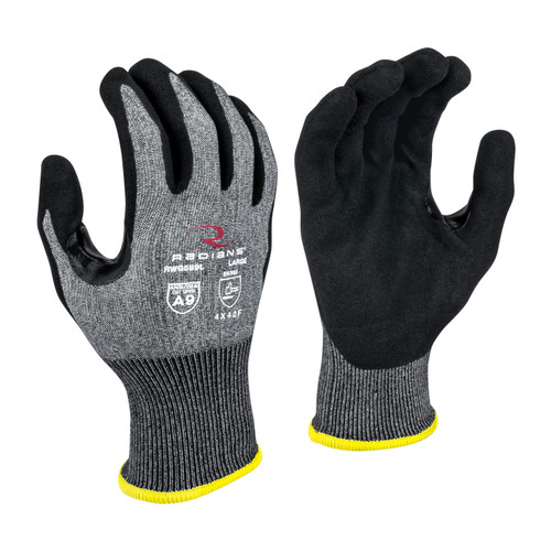 Radians RWG589L A9 Cut Protection Work Gloves | Sandy Foam Nitrile Palm | Black | Large Size | Case of 10 Boxes of 12 Pairs in Each Box