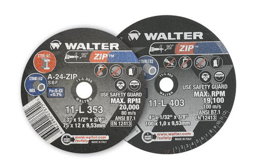 Walter Surface Technologies 11L313 ZIP 1/16" Type 1 Straight Grinder Cut-Off Wheel | 3/8" Arbor Hole | 3" Diameter | Sold by Box of 25 Walter Surface Technologies 11L313 ZIP 1/16" Type 1 Straight Grinder Cut-Off Wheel | 3/8" Arbor Hole | 3" Diameter | Sold by Box of 25