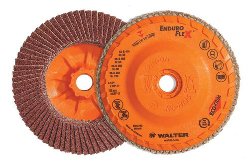 Walter Surface Technologies 06B454 ENDURO-FLEX Flap Disc | 5/8" - 11 Arbor Hole | 4-1/2" Diameter | 13300 Max. RPM | Zirconia Alumina 40 Grit | Sold by Box of 10 Walter Surface Technologies 06B454 ENDURO-FLEX Flap Disc | 5/8" - 11 Arbor Hole | 4-1/2" Diameter | 13300 Max. RPM | Zirconia Alumina 40 Grit | Sold by Box of 10