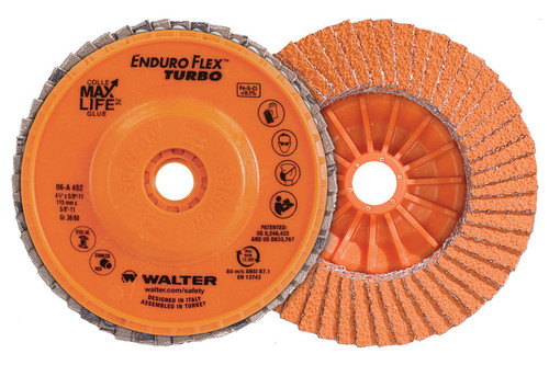Walter Surface Technologies 06A707 ENDURO-FLEX TURBO Flap Disc | 5/8" - 11 Metal Hub Arbor Hole | 7" Diameter | 8600 Max. RPM | Ceramic 36/60 Grit | Sold by Box of 10 Walter Surface Technologies 06A707 ENDURO-FLEX TURBO Flap Disc | 5/8" - 11 Metal Hub Arbor Hole | 7" Diameter | 8600 Max. RPM | Ceramic 36/60 Grit | Sold by Box of 10