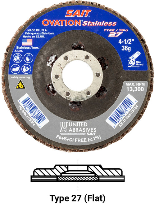 United Abrasives SAIT 78158 Ovation Stainless High Density Flap Disc | 4-1/2" Diameter | 5/8"-11 Arbor Hole | Aluminum Oxide 120 Grit | Type 27 | Sold by Pack of 10