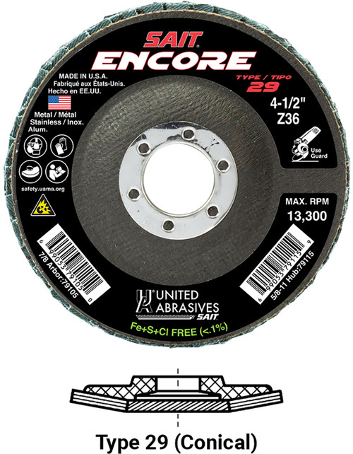 United Abrasives SAIT 79108 Encore Regular Density Flap Disc | 4-1/2" Diameter | 7/8" Arbor Hole | Zirconium 60 Grit | Type 29 | Sold by Pack of 10