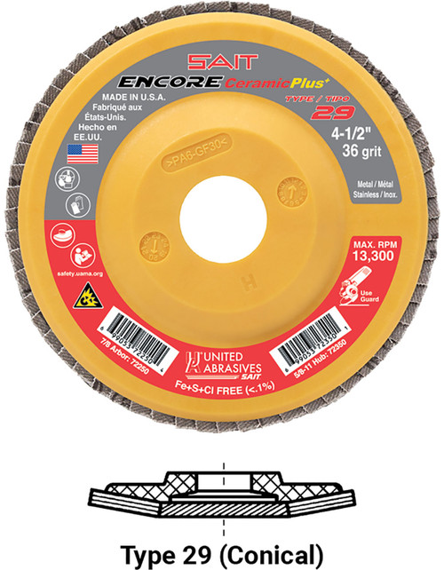 United Abrasives SAIT 72352 Encore Ceramic Plus Regular Density Disc | 4-1/2" Diameter | 5/8"-11 Arbor Hole | Ceramic 60 Grit | Type 29 | Sold by Pack of 10