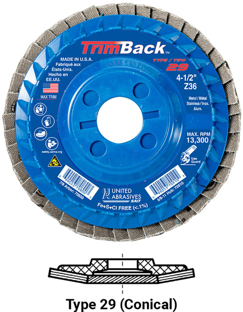 United Abrasives SAIT 70803 TrimBack Regular Density Flap Disc | 4-1/2" Diameter | 7/8" Arbor Hole | Zirconium 80 Grit | Type 29 | Sold by Pack of 10