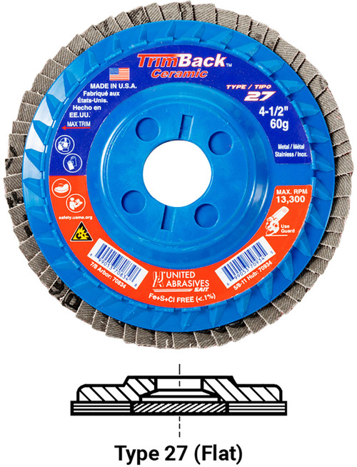 United Abrasives SAIT 70934 TrimBack Regular Density Flap Disc | 4-1/2" Diameter | 5/8"-11 Arbor Hole | Ceramic 60 Grit | Type 27 | Sold by Pack of 10