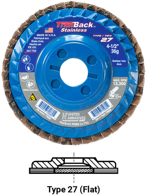 United Abrasives SAIT 70880 TrimBack Regular Density Flap Disc | 4-1/2" Diameter | 7/8" Arbor Hole | Aluminum Oxide 36 Grit | Type 27 | Sold by Pack of 10