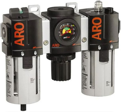 ARO C38121-820 1/4" 3-Piece FRL Combination Unit | 1000 Series | Relieving | Metal Bowl with Gauge | 46 SCFM ARO C38121-820 1/4" 3-Piece FRL Combination Unit | 1000 Series | Relieving | Metal Bowl with Gauge | 46 SCFM