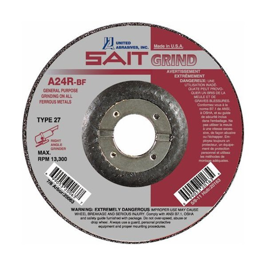 United Abrasives 1/4" Type 27 Aluminum Oxide Grinding Wheel with Super-Lock Hub| 20173 | 5" Diameter