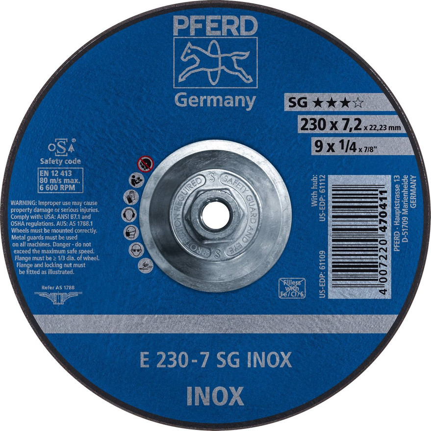 PFERD 1/4" Grinding Wheel - For Stainless Steel  A 30 N SG  INOX  7/8" Arbor Hole