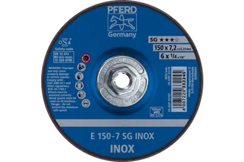 Pferd 61116 SG INOX Type 27 Grinding Wheel | 6" Diameter | 5/8-11" Arbor Hole | 1/4" Thickness | Sold by Box of 10