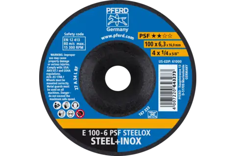 Pferd 61000 PSF STEELOX Type 27 Grinding Wheel | 4" Diameter | 5/8" Arbor Hole | 1/4" Thickness | Sold by Box of 10