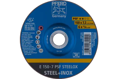 Pferd 61011 PSF STEELOX Type 27 Grinding Wheel | 6" Diameter | 7/8" Arbor Hole | 1/4" Thickness | Sold by Box of 10