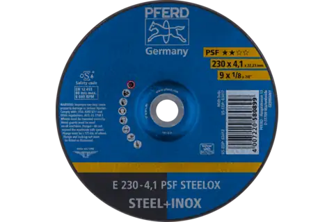 Pferd 63413 PSF STEELOX Type 27 Grinding Wheel | 9" Diameter | 7/8" Arbor Hole | 1/8" Thickness | Sold by Box of 10