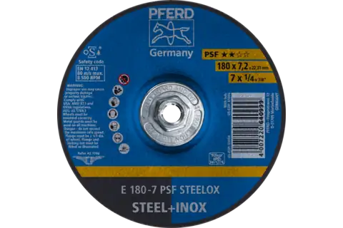 Pferd 61006 PSF STEELOX Type 27 Grinding Wheel | 7" Diameter | 5/8-11" Arbor Hole | 1/4" Thickness | Sold by Box of 10