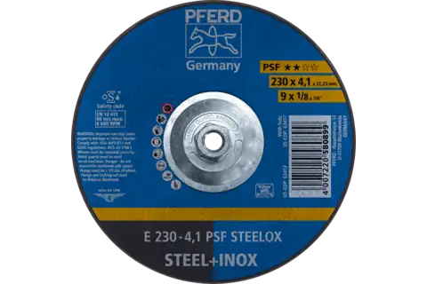 Pferd 63417 PSF STEELOX Type 27 Grinding Wheel | 9" Diameter | 5/8-11" Arbor Hole | 1/8" Thickness | Sold by Box of 10