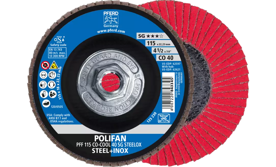 Pferd 62621 Polifan Flap Disc | 5/8-11" Arbor Hole | 4-1/2" Diameter | Ceramic Oxide 40 Grit | Type 27 | Sold by Box of 10