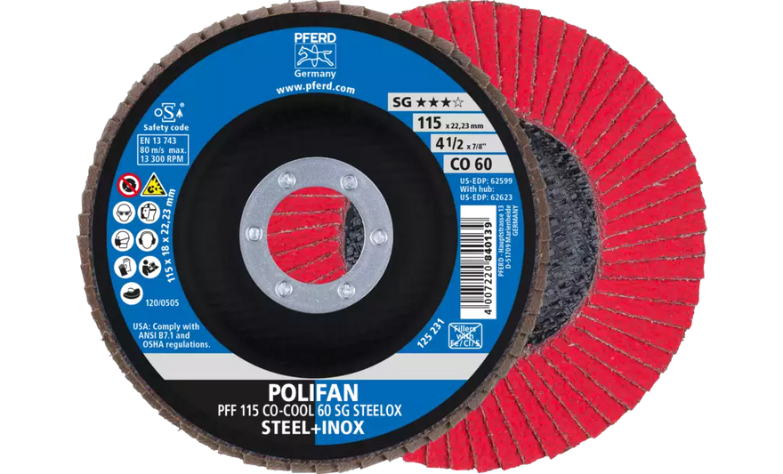 Pferd 62599 Polifan Flap Disc | 7/8" Arbor Hole | 4-1/2" Diameter | Ceramic Oxide 60 Grit | Type 27 | Sold by Box of 10