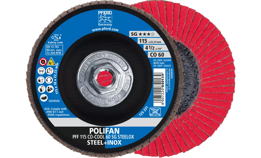 Pferd 62623 Polifan Flap Disc | 5/8-11" Arbor Hole | 4-1/2" Diameter | Ceramic Oxide 60 Grit | Type 27 | Sold by Box of 10