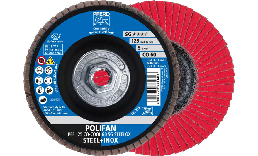 Pferd 62629 Polifan Flap Disc | 5/8-11" Arbor Hole | 5" Diameter | Ceramic Oxide 60 Grit | Type 27 | Sold by Box of 10