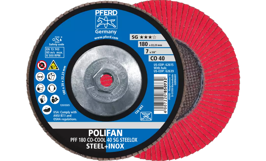 PFERD 62639 Polifan Flap Disc | 5/8-11" Arbor Hole | 7" Diameter | Ceramic Oxide 40 Grit | Flat | Sold by Box of 10