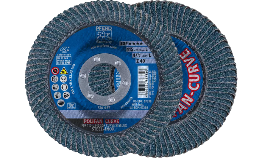 PFERD 67339 Polifan Flap Disc | 7/8" Arbor Hole | 4-1/2" Diameter | Zirconia Alumina 40 Grit | Radial Type | Sold by Box of 10