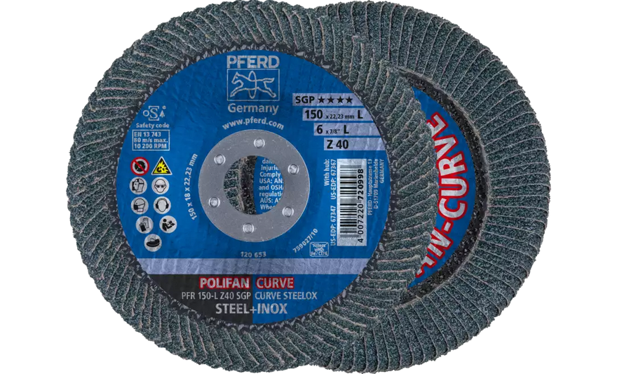 PFERD 67347 Polifan Flap Disc | 7/8" Arbor Hole | 6" Diameter | Zirconia Alumina 40 Grit | Radial | Sold by Box of 10