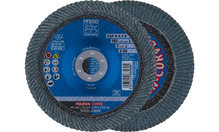 PFERD 67351 Polifan Flap Disc | 7/8" Arbor Hole | 7" Diameter | Zirconia Alumina 40 Grit | Radial Type | Sold by Box of 10