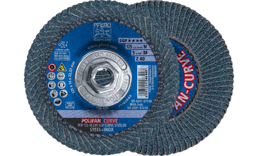 PFERD 67216 Polifan Flap Disc | 5/8-11" Arbor Hole | 5" Diameter | Zirconia Alumina 40 Grit | Radial | Sold by Box of 10