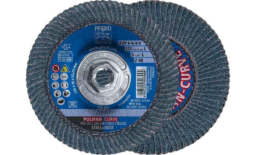 PFERD 67363 Polifan Flap Disc | 5/8-11" Arbor Hole | 5" Diameter | Zirconia Alumina 40 Grit | Radial Type | Sold by Box of 10