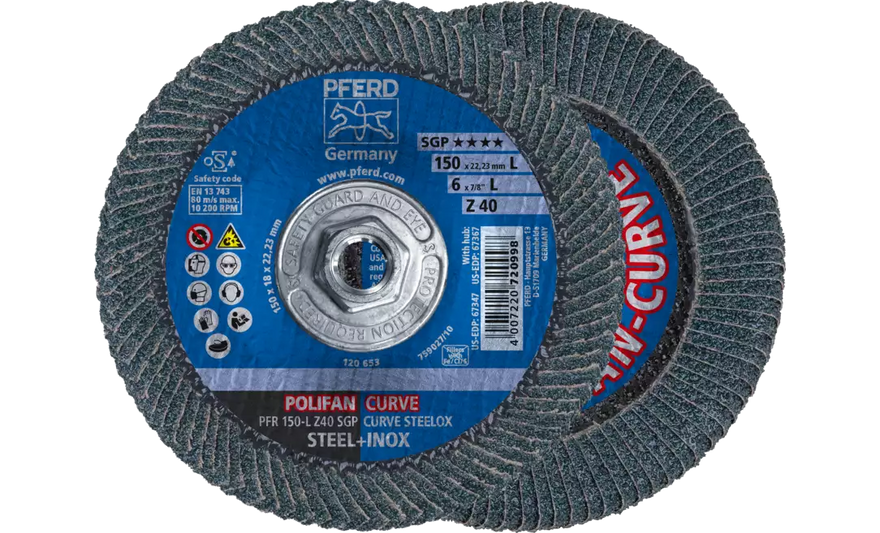 PFERD 67367 Polifan Flap Disc | 5/8-11" Arbor Hole | 6" Diameter | Zirconia Alumina 40 Grit | Radial Type | Sold by Box of 10