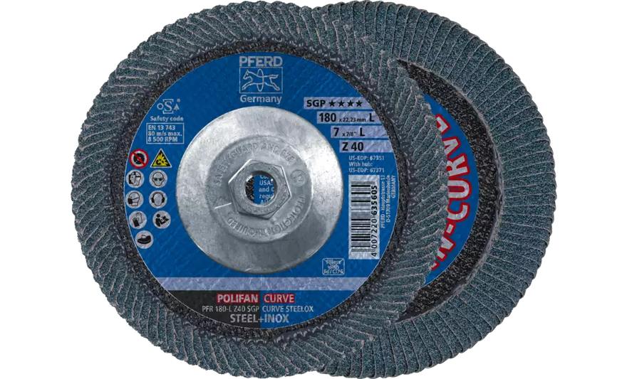 PFERD 67371 Polifan Flap Disc | 5/8-11" Arbor Hole | 7" Diameter | Zirconia Alumina 40 Grit | Radial Type | Sold by Box of 10