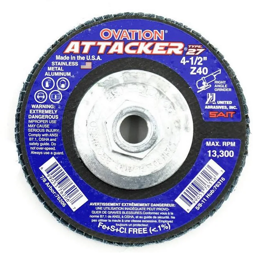 United Abrasives SAIT 76206 Ovation Attacker High Density Flap Disc | 4-1/2" Diameter | 7/8" Arbor Hole | Zirconium 40 Grit | Type 27 | Sold by Pack of 10