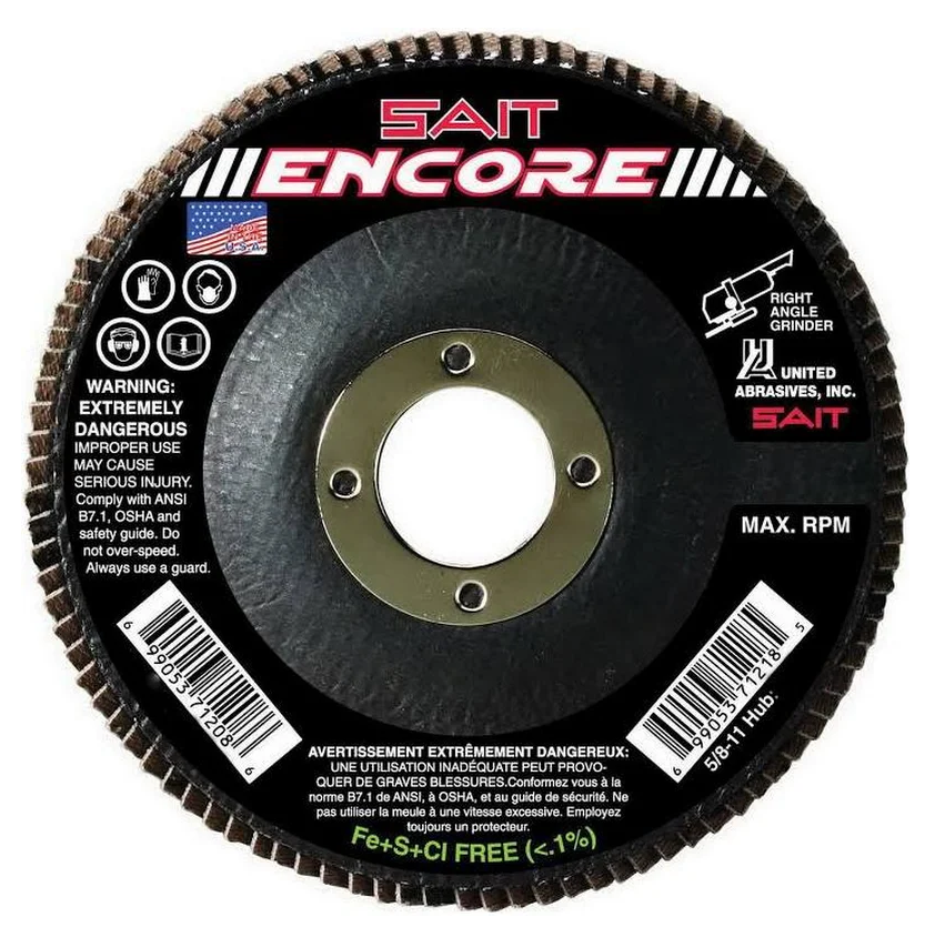 United Abrasives SAIT 71218 Encore Regular Density Flap Disc | 4-1/2" Diameter | 5/8"-11 Arbor Hole | Zirconium 60 Grit | Type 27 | Sold by Pack of 10
