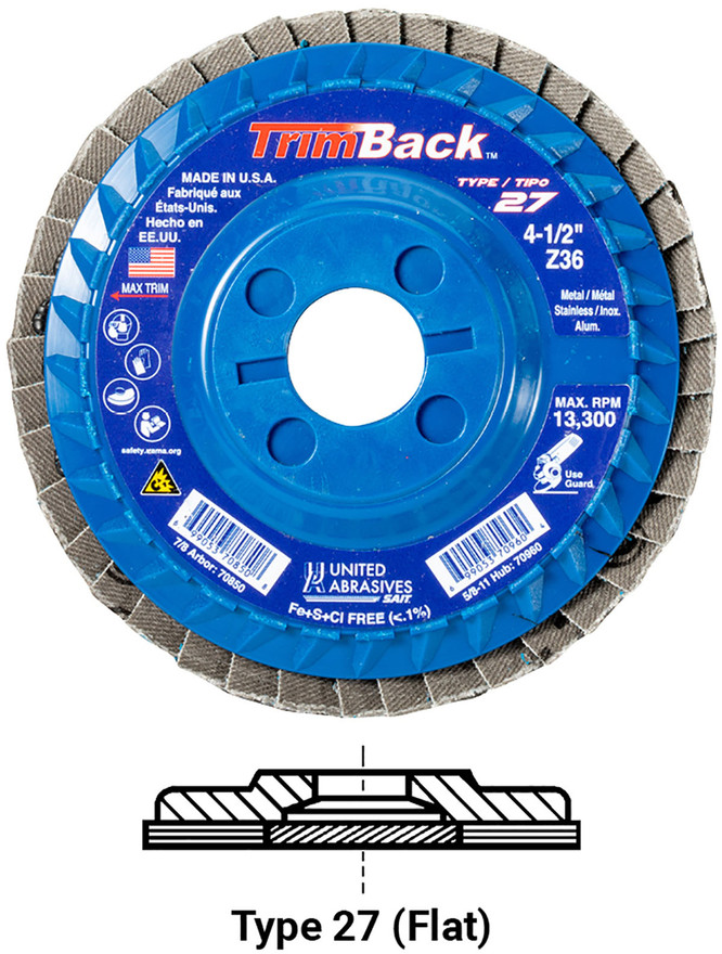 United Abrasives SAIT 70960 TrimBack Regular Density Flap Disc | 4-1/2" Diameter | 5/8"-11 Arbor Hole | Zirconium 36 Grit | Type 27 | Sold by Pack of 10