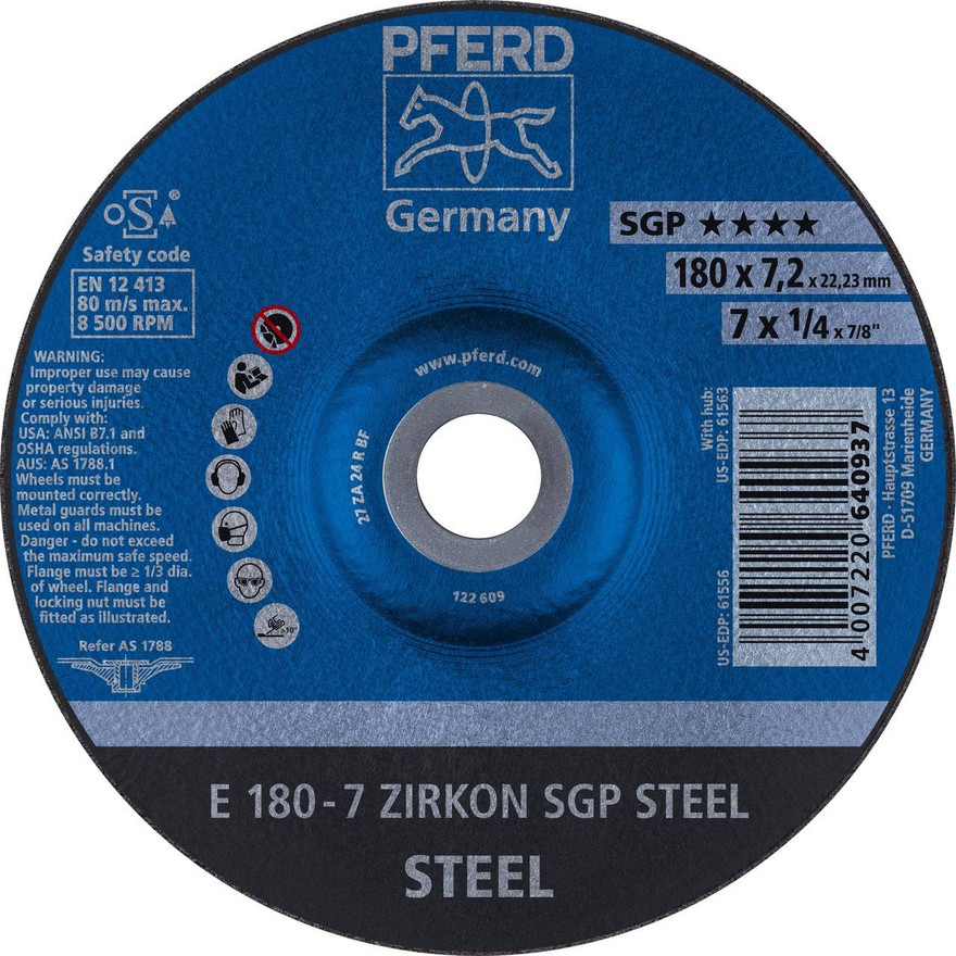 PFERD 61564 1/4" Grinding Wheel For steel | ZA 24 R SGP | 5/8-11" Thread Hole | 9" Diameter (Sold by Box of 10)