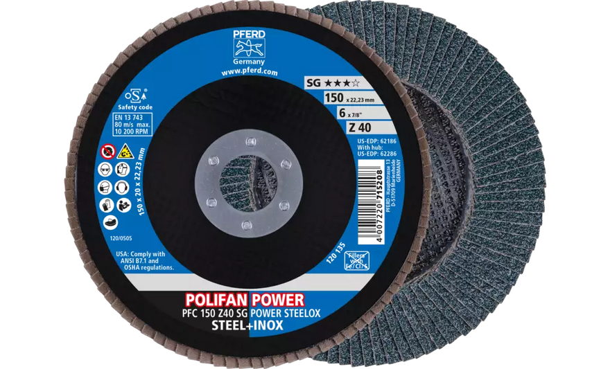 Pferd 62186 Polifan Flap Disc | 7/8" Arbor Hole | 6" Diameter | Zirconia Alumina 40 Grit | Type 29 | Sold by Box of 10