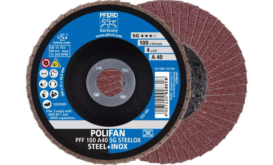 PFERD 62140 Polifan Flap Disc | 5/8" Arbor Hole | 4" Diameter | Aluminum Oxide 40 Grit | Flat | Sold by Box of 10