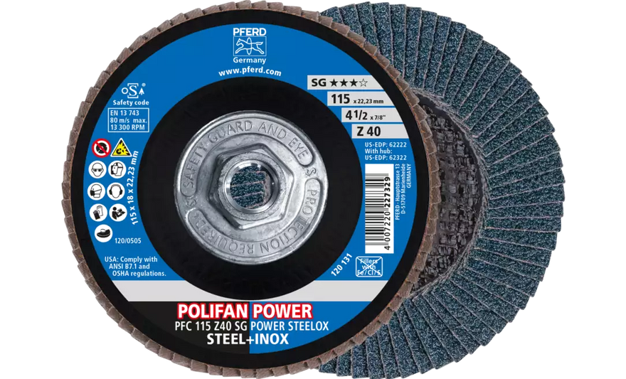 Pferd 62322 Polifan Flap Disc | 5/8-11" Arbor Hole | 4-1/2" Diameter | Zirconia Alumina 40 Grit | Type 29 | Sold by Box of 10
