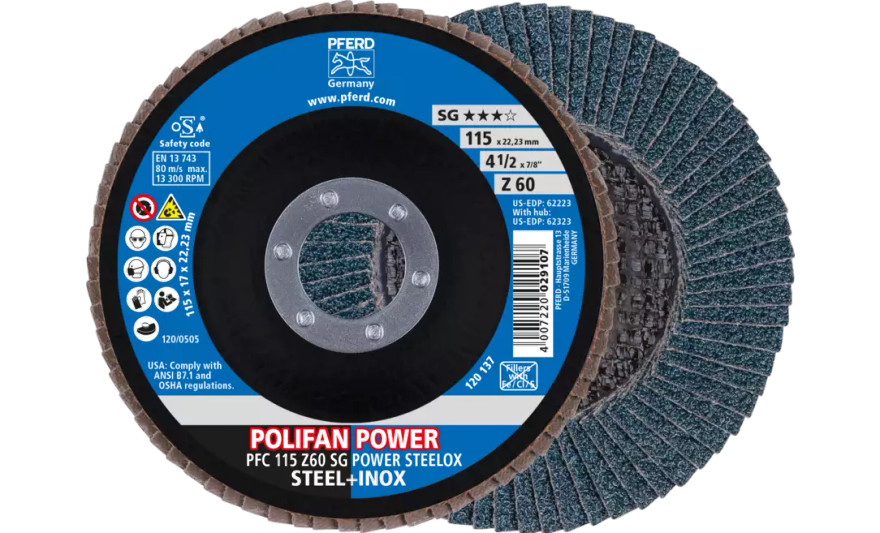Pferd 62223 Polifan Flap Disc | 7/8" Arbor Hole | 4-1/2" Diameter | Zirconia Alumina 60 Grit | Type 29 | Sold by Box of 10