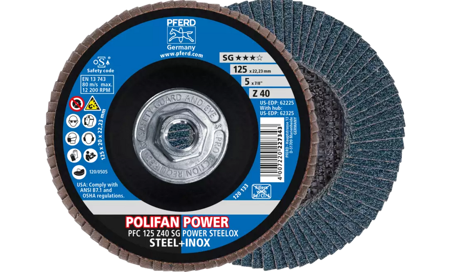 Pferd 62325 Polifan Flap Disc | 5/8-11" Arbor Hole | 5" Diameter | Zirconia Alumina 40 Grit | Type 29 | Sold by Box of 10