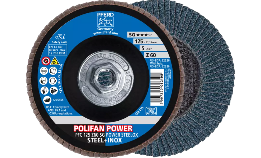Pferd 62326 Polifan Flap Disc | 5/8-11" Arbor Hole | 5" Diameter | Zirconia Alumina 60 Grit | Type 29 | Sold by Box of 10