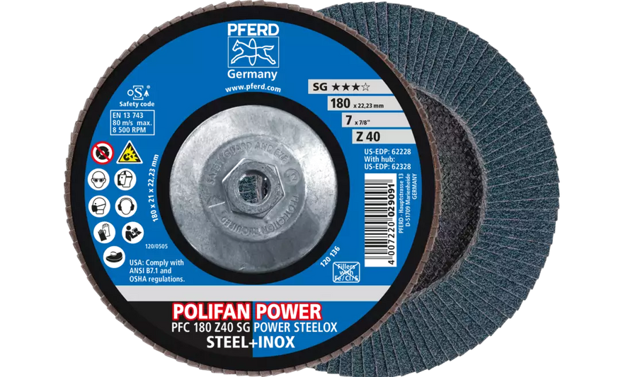 Pferd 62328 Polifan Flap Disc | 5/8-11" Arbor Hole | 7" Diameter | Zirconia Alumina 40 Grit | Type 29 | Sold by Box of 10