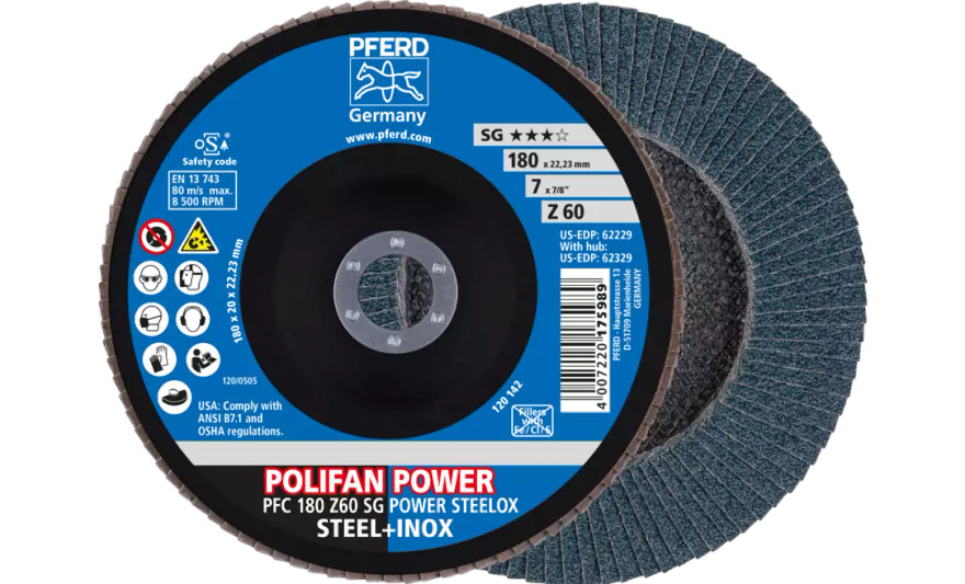 Pferd 62229 Polifan Flap Disc | 7/8" Arbor Hole | 7" Diameter | Zirconia Alumina 60 Grit | Type 29 | Sold by Box of 10